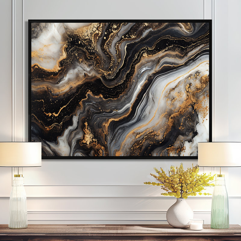 Glam Gold Flows, agate noire - salon d'art mural en marbre, Toile avec cadre flottant noir, H 34 po x l 44 po x P 1,5 po