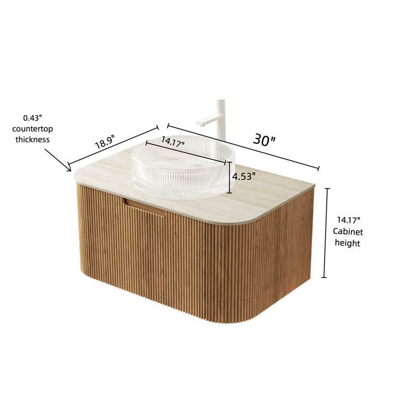 Meuble-lavabo rond transparent de 30 po, comptoir en pierre frittée à motif, armoire murale avec tiroir 3D, système de fermeture en douceur pour un fonctionnement en douceur, verre de meuble-lavabo en cristal préassemblé,