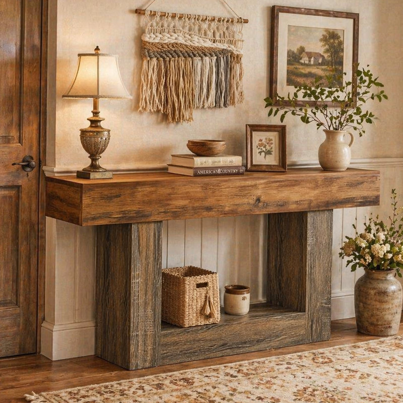 Console de 63 po en bois, table d'entrée à 2 niveaux, Brun