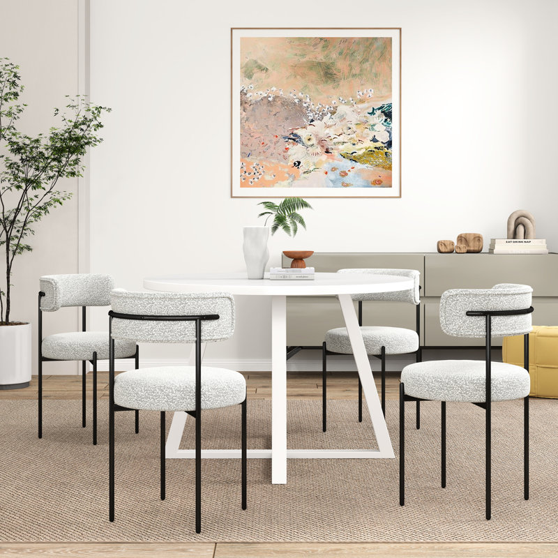 Salle à manger - 5 personnes avec table à tréteaux ronde et 4 chaises d'appoint Boucle, Blanc, Multicolore