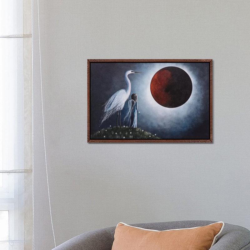 Night With The Great Egret - Print on Canvas, 66.04 cm H x 45.72 cm W, Classic Brown Wood Framed