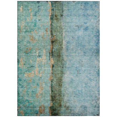 9' X 12' Blue And Gold Abstract Washable Indoor Outdoor Area Rug