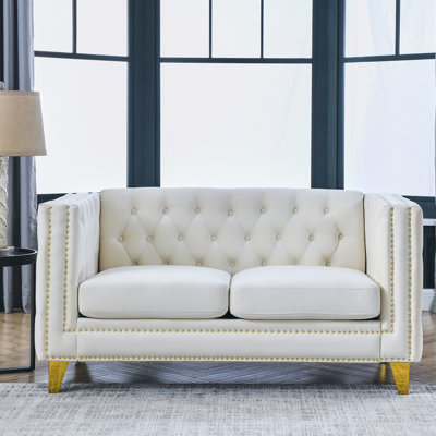 Beige Velvet 2 With Back And Metal Legs, Comfortable For Bedroom Elegant Living Room
