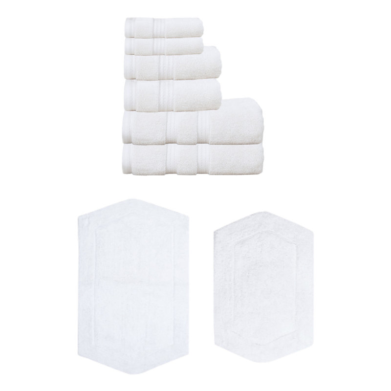 Bryd Collection 100% Soft Cotton 6 Pc Towel Set & 2 Pc Bath Rug Set, (Set of 8), White