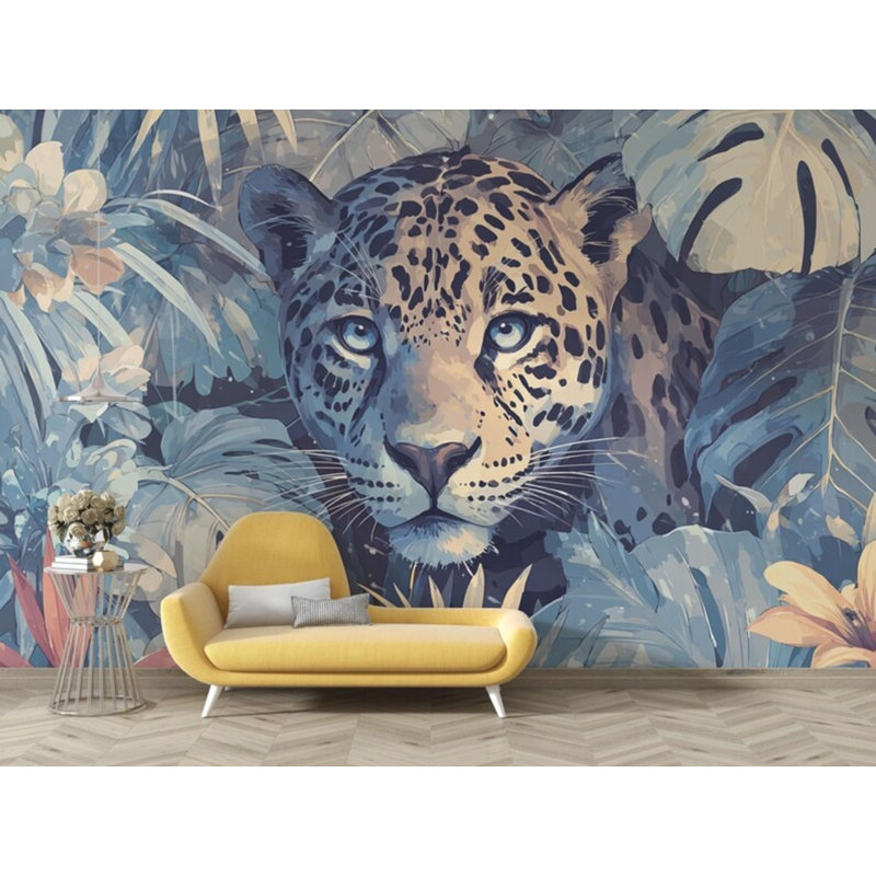 Murale léopard, feuilles tropicales, faune exotique, nature, L 204 po x l 114 po