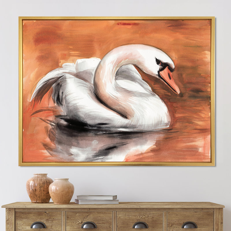 Cygne sur l'eau - reproduction sur toile, Toile encadrée d'or, H 12 po x l 20 po x p 1 po