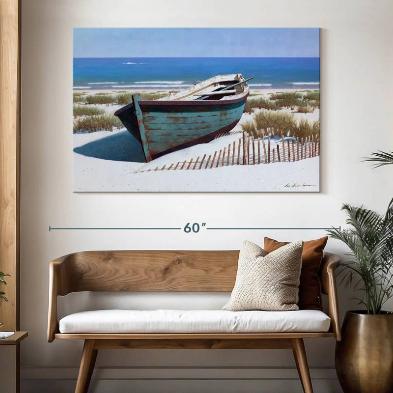 Mehar, bateau bleu sur la plage, H 34 po x l 51 po