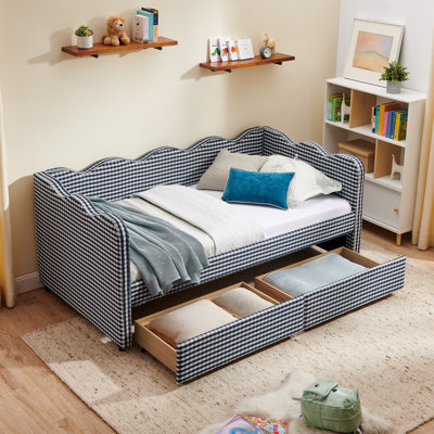 Cozy Gingham Daybed With Two Storage Drawers, USB Port, And Adorable Wave Shaped Linen Fabric