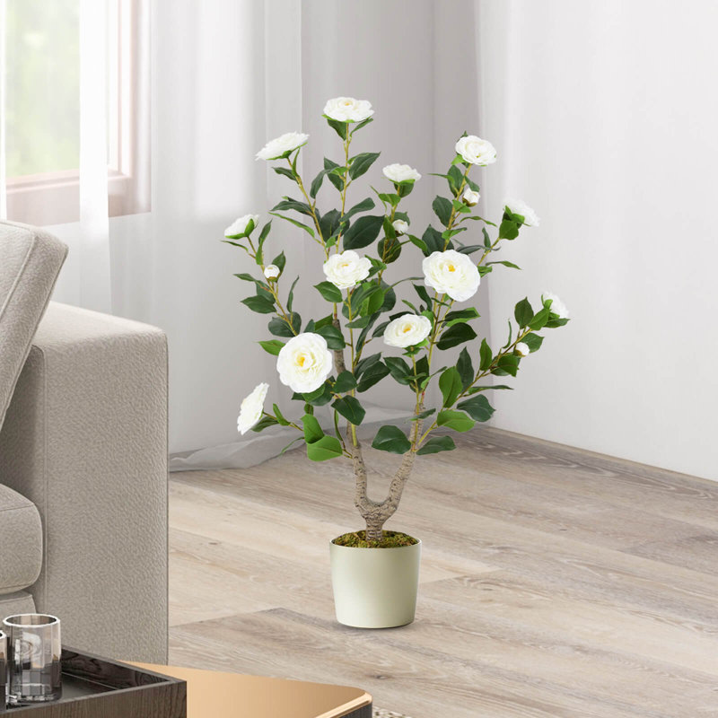 1 pièce Camellia artificiel 36 po, arbre artificiel en pot, verdure, plante moderne, Blanc/vert