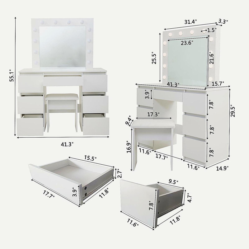 Grandes tables de coiffeuse blanches avec miroir et lumière