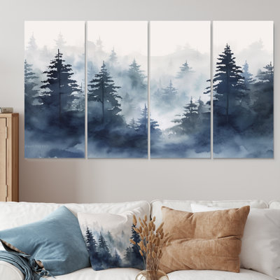 Dark Blue Forest Skyline Watercolor - Forest Wall Art 4 Piece