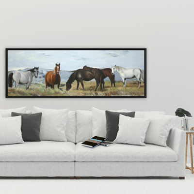 Horses Eating in the Meadow - Rustic Blue Framed Canvas Decor