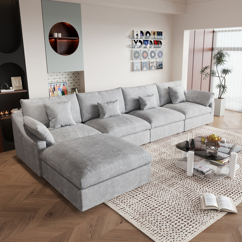 Slipcovered Upholstered Modular Sofa With Ottoman, 29.53" H x 155.9" W x 77.95" D, Gray