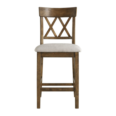 De 2 chaises de hauteur comptoir en chêne, dossier double croisé, 2 chaises capitonnées en tissu texturé, bois, assise moelleuse
