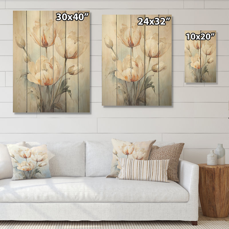 Minimalisme, tulipes beiges, symphonie - tulipes, art mural sur bois de pin naturel, H 20 po x l 10 po