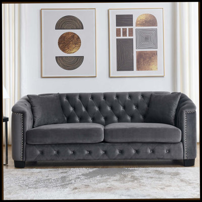 Canapé Chesterfield de 77 pouces en velours moderne, canapé 3 places, dossier capitonné capitonné avec accoudoirs cloutés et 2 coussins pour le salon, la chambre à coucher, un appartement et un bureau (noir)