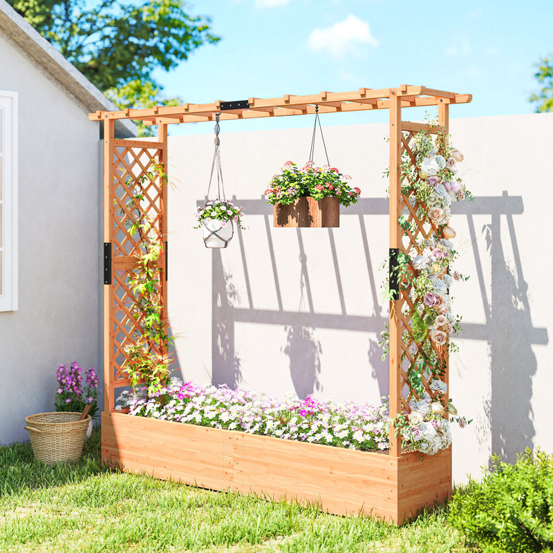 Wooden Planter Box With Trellis, Hanging Roof And Drainage Holes For Climbing Plants, Vegetables, Herbs And Flowers