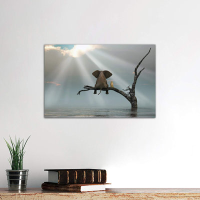 Elephant And Dog Are Sitting On A Tree Fleeing A Flood by Mike Kiev - Painting