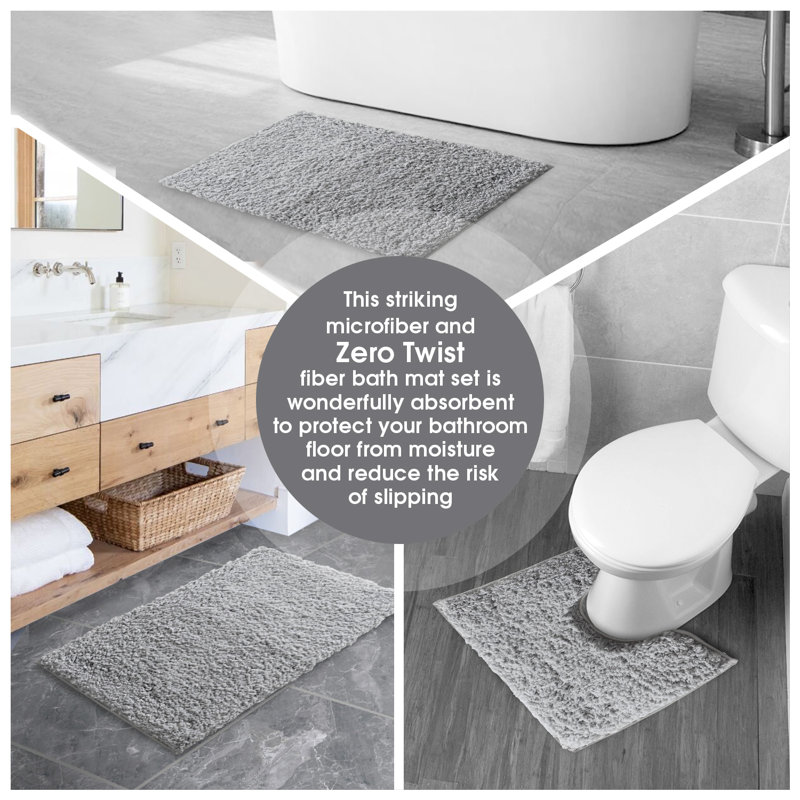 Luxury Zero Twist Bath Mat Set 2 Piece Plush Microfiber Bathroom Rug & Pedestal Mat Non Slip Absorbent Washable, Grey