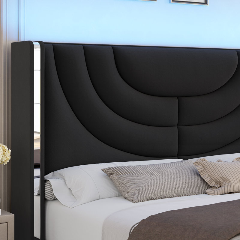 Sturminster Velvet Wingback Upholstered LED Light 2 Drawer Storage Bed, Queen, Black