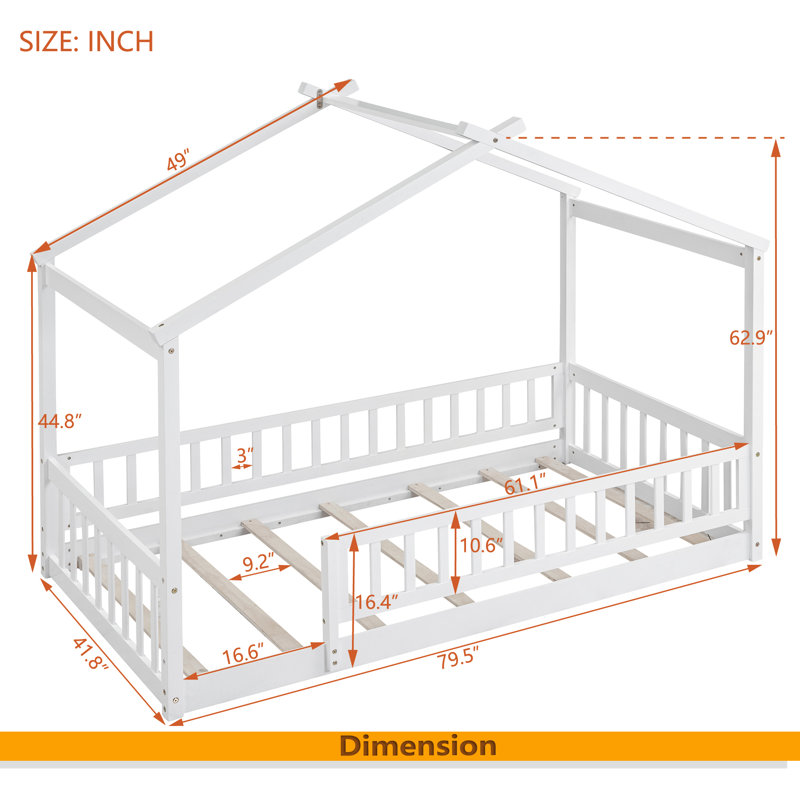 Wood Bed House Bed Frame With Fence, Twin, White
