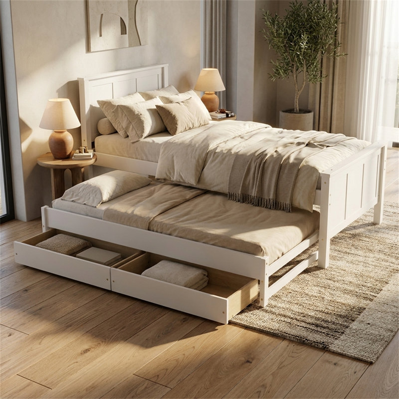 Lit plateforme simple, cadre de lit (aucun sommier requis), avec tiroirs sous le lit et lit escamotable, finition blanche