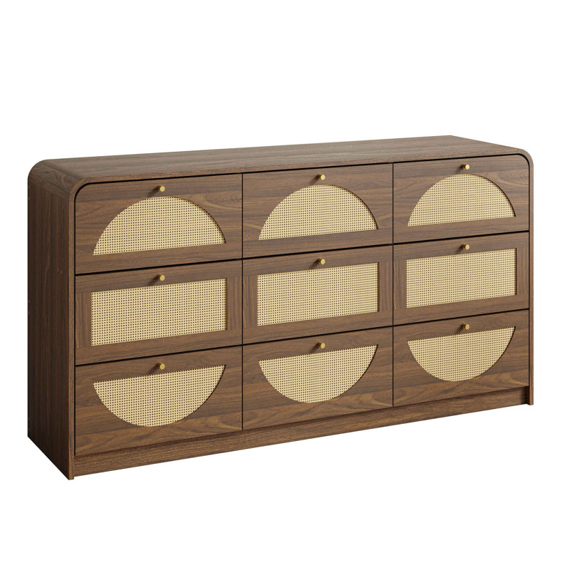 Commode 9 tiroirs avec façade en rotin, grande commode en panneau de particules, armoire de rangement moderne pour le salon de la chambre à coucher, structure robuste et grande capacité