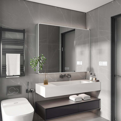 Aluminium Medicine Cabinet Mirror, 35 X 28 Inches Medicine Cabinet With 3 Colors LED Light And Defogging Function, Bathroom Mirror Cabinet With Cosmetic Storage Rack And Hair Dryer Holder
