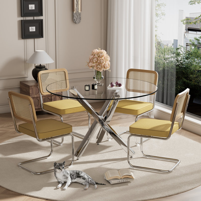 1 table de salle à manger en verre trempé et 4 chaises en porte-à-faux en velours, H 29,52 po x L 39,37 po x l 39,37 po