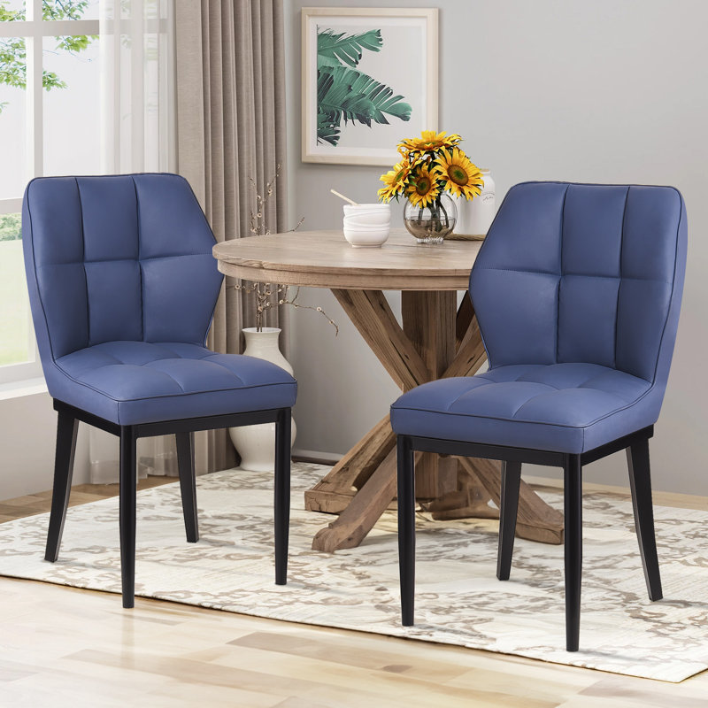 Raffertie 19.6" H PU Leather Upholstered Modern Dining Chairs With Black Metal Frame and Checker-Shaped Backerst, Blue, 2