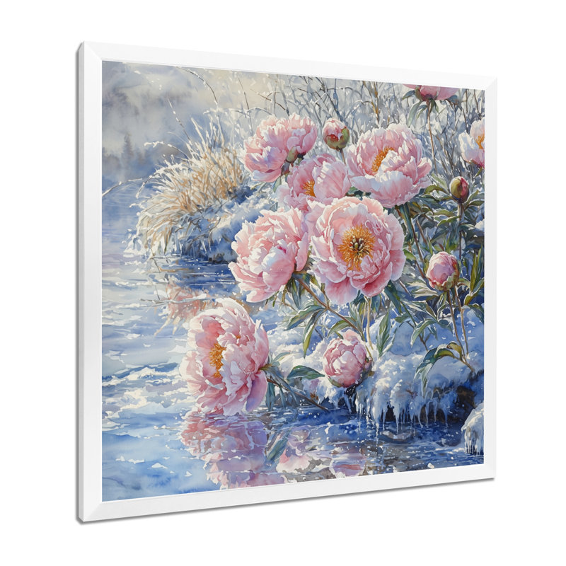 Pivoines par la rivière gelée II - pivoines, art mural, H 30 po x l 30 po, Picture Framed, Blanc