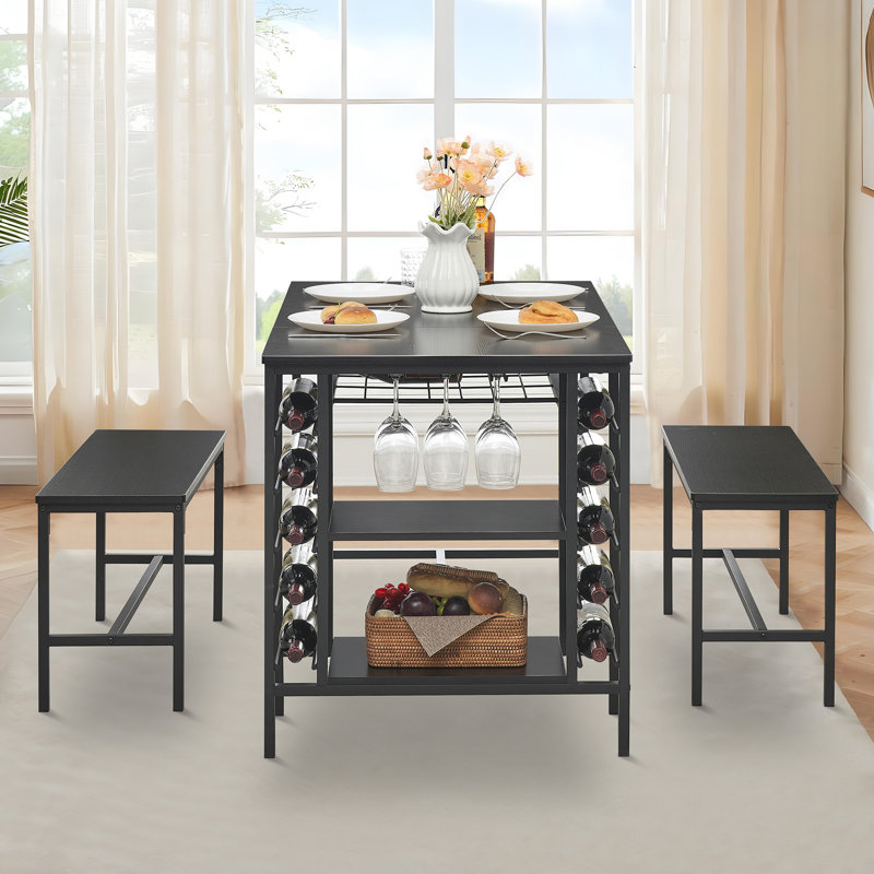 Ensemble de table de salle à manger pour 4 personnes, ensemble de table de cuisine pour 4 personnes avec 2 bancs, ensemble de table de salle à manger rectangulaire avec support à vin, ensemble de table de salle à manger 3 pièces pour petit espace