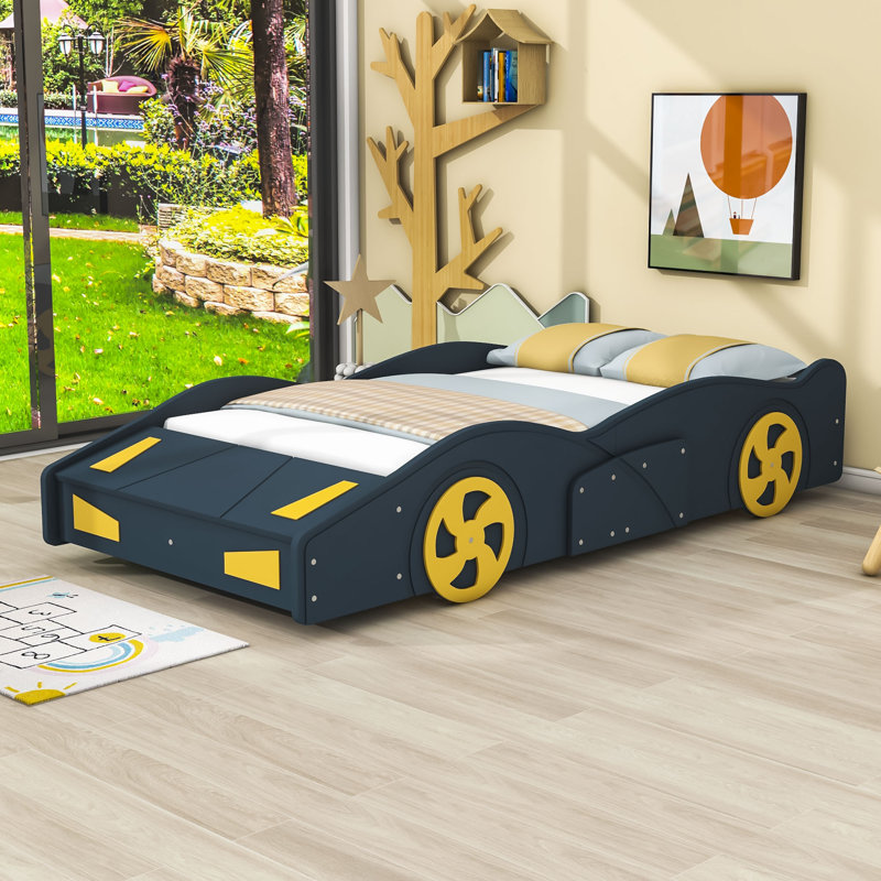 Abdullbasit Twin Size Race Car-Shaped Platform Bed with Wheels, Blue/Yellow