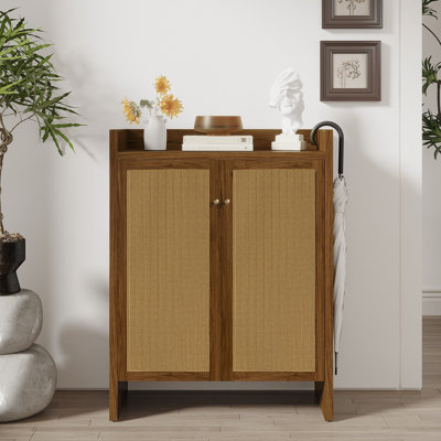 Rattan Shoe Storage Cabinet with 2 Rattan Doors, Wood Entryway Shoe Organizer Cabinet, Freestanding Shoe Rack with Top Shelf & Bottom Open Shoe Space for Foyer Hallway
