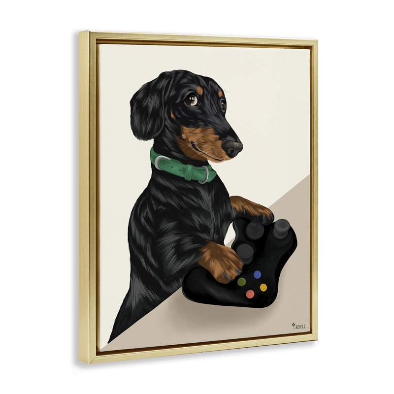 «Gamer Dachshund Dog» par Tara Royle, Cadre flottant métallique doré, H 31 po x l 25 po