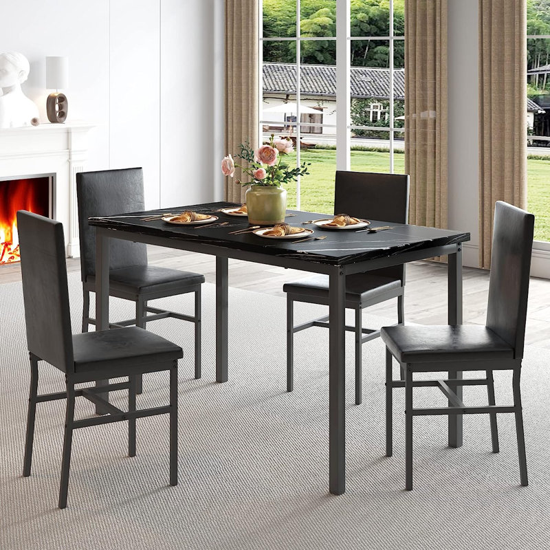 5 - Piece Faux Marble Breakfast Nook Dining Set, Black/Black