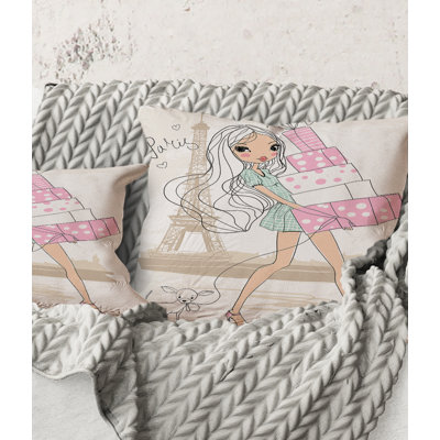 Square,Young Girl With Shopping Boxes In Paris - Shabby Elegance Printed Throw Pillow