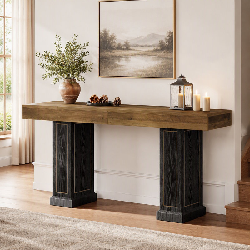 Table console extra longue de 180 cm (71 po) à placer derrière le canapé, table console étroite de 95 cm (37,4 po) de haut avec accents dorés pour le salon