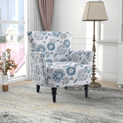 31.2""w Modern Blue White Floral Linen Vintage Armchair Lounge Chair For Living Room Bedroom (blue White Floral-linen) -  Alcott HillÂ®, D750442471D944529150C34032BAABCE