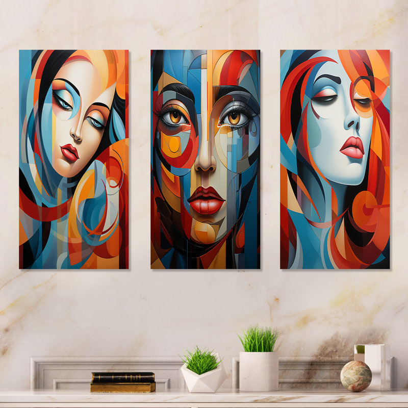 Portrait de femme cubique chromatique - Portrait abstrait, ensemble de 3 reproductions d'art en métal, H 28 po x l 36 po