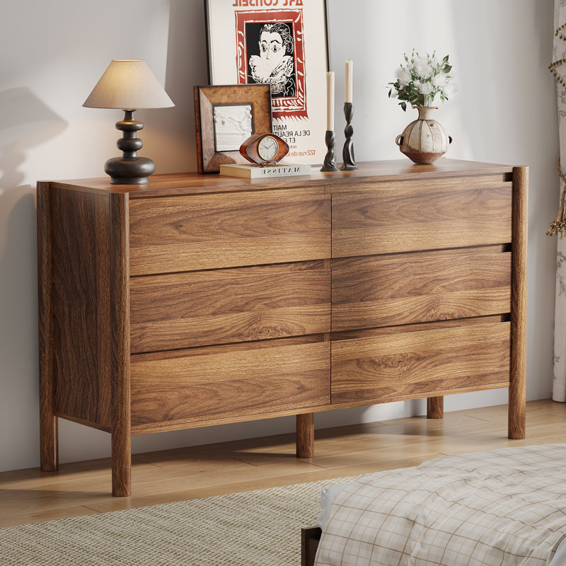 Commode double en noyer 6 tiroirs avec pieds en bois massif pour la chambre à coucher et le salon, Noyer
