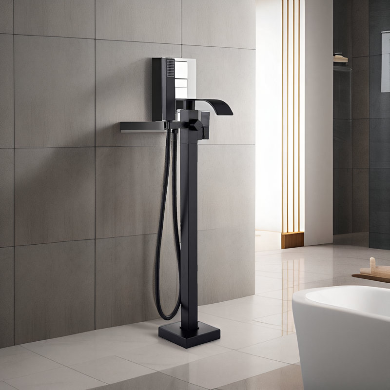 Tub Filler Freestanding Bathtub Faucet Floor Mount Tub Faucet Waterfall Free Standing Bathtub Filler High Flow Brass Bath Shower Faucets with Handheld Sprayer
