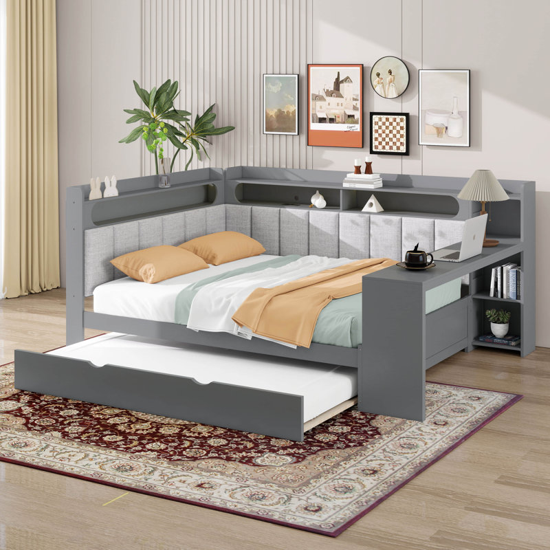 Full Size Wood Daybed With Storage Shelves & Trundle, Charging Station & LED Light, Desk & Upholstered Headboard And Backrest