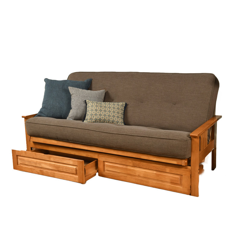 Le cadre de futon double Stratford comprend des tiroirs de rangement et un matelas, Noyer cendré, Lin cacao clair