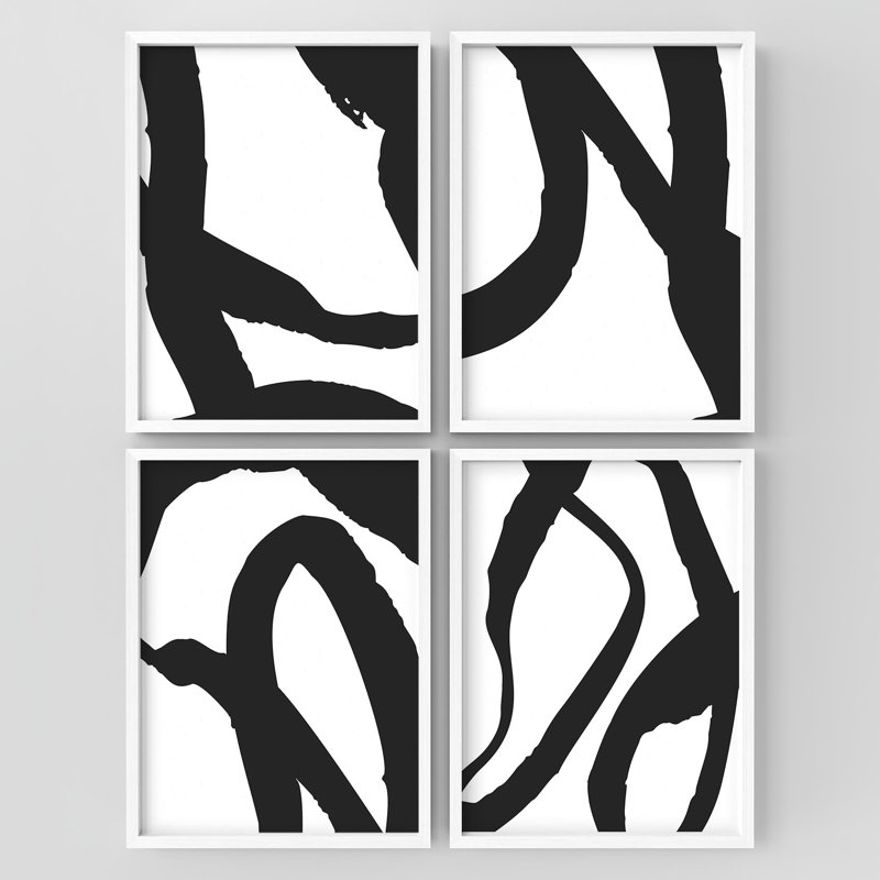"Art moderne noir et blanc à coups de pinceau" - 4 pièces, Blanc, H 16 po x l 12 po