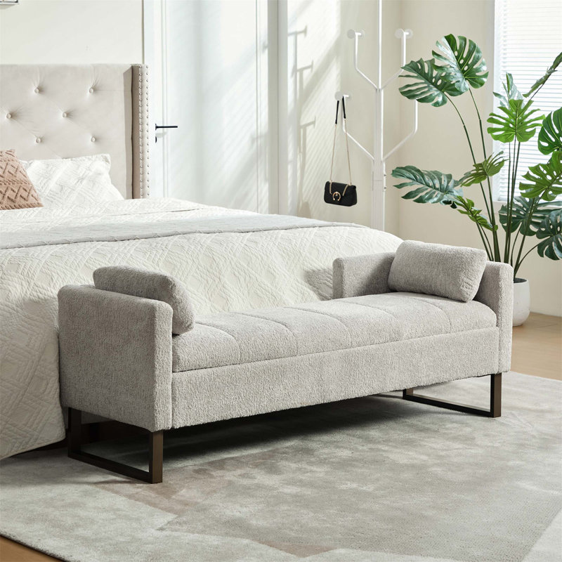 Banc de rangement 64 po en chenille avec couvercle rabattable, accoudoirs et dossier - Repose-pieds rembourré avec pieds en métal et 2 traversins