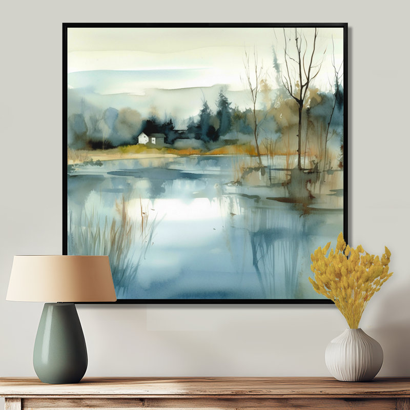 Summer Lake Landscape Illustration V - Lake, art mural, 44" H x 44" W, Cadre flottant noir