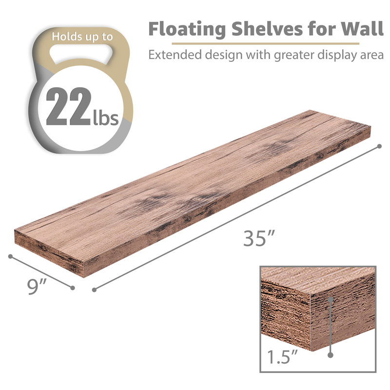 Mahogany 35" Long Floating Shelves with Invisible Mounting, Set of 2