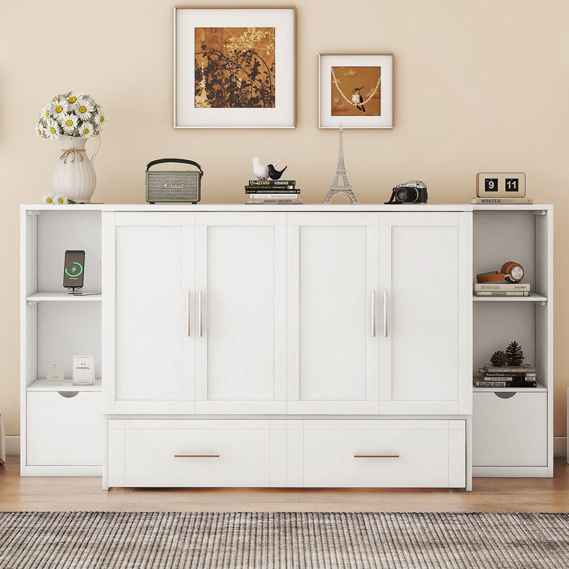 Lit escamotable avec tablettes, tiroirs et ports USB Murphy, Lit double, Blanc