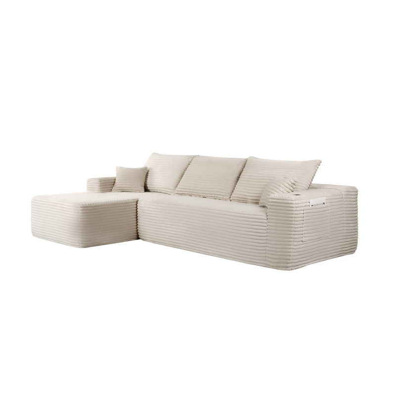 Canapé modulaire 108 po Cloud avec méridienne en forme de L et poches latérales, conception modulaire moderne, assise profonde, canapé rembourré pour le salon / la chambre à coucher, aucun assemblage requis (tissu moelleux), blanc, gauche